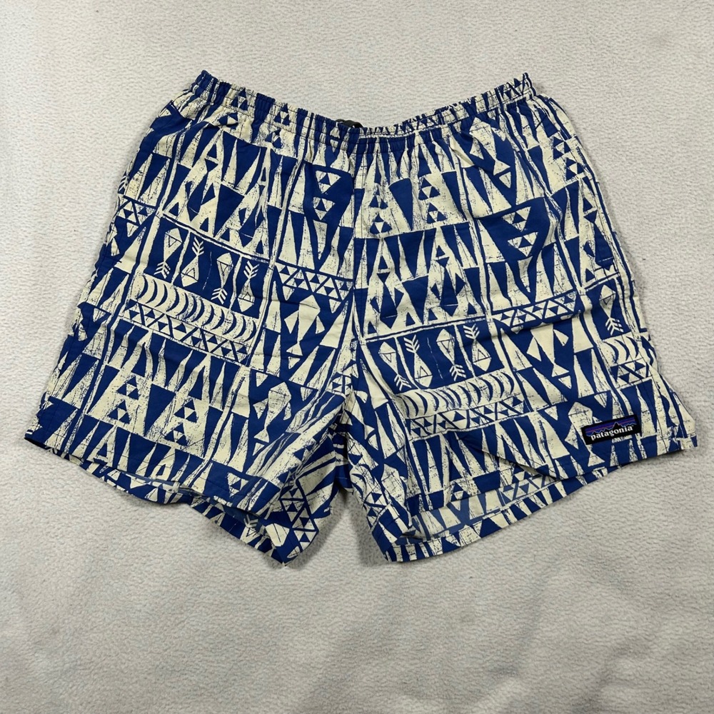 Patagonia Baggies Shorts Men S Blue White Tribal Geometric Print 5 Inch Inseam